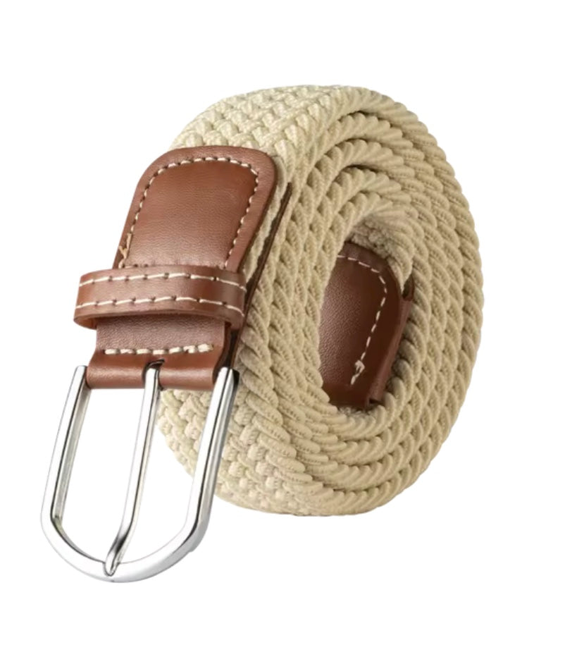 Creme Gevlochten Elastische Riem met Leren Accenten