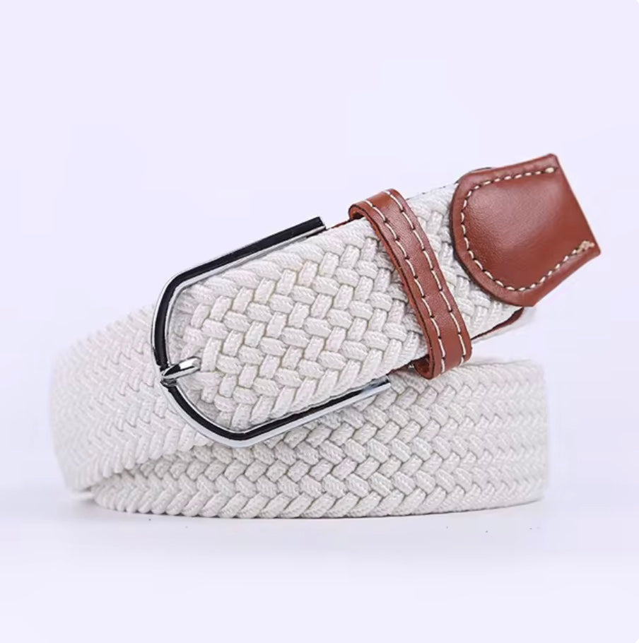 Wit Gevlochten Elastische Riem met Leren Accenten