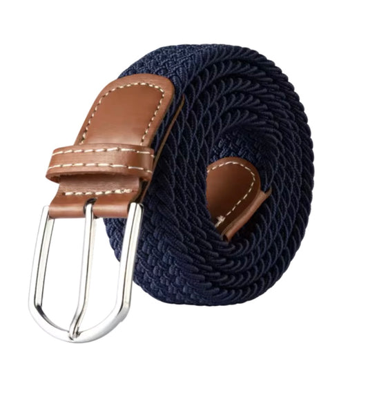 Navy Blauwe Gevlochten Elastische Riem met Leren Accenten